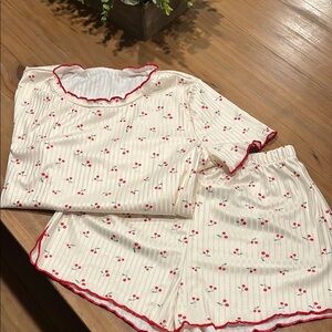 Cherry Print Pajama Set with Red Trim